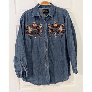 Quizz Again Denim Shirt Medium Teddy Bear Christmas Embroidered Button‎ Down Top